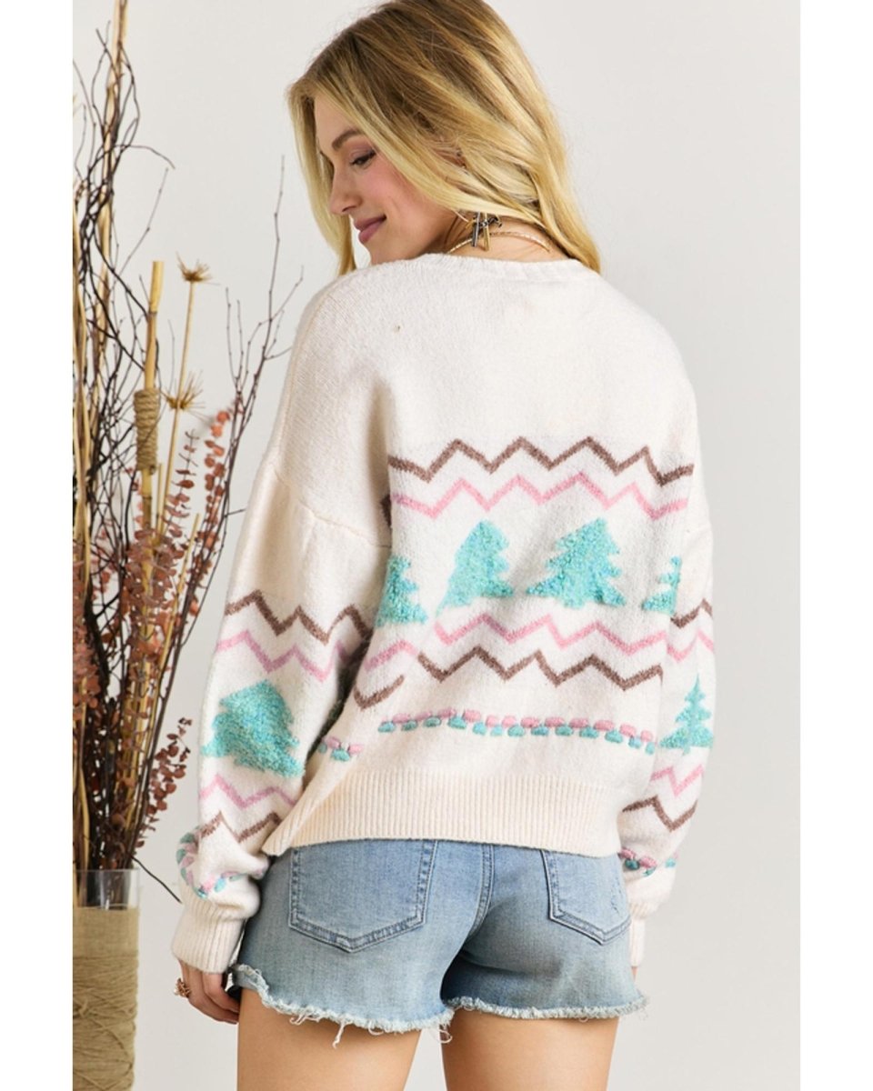 White Striped Christmas Tree Ribbed Trim Drop Shoulder Sweater - S