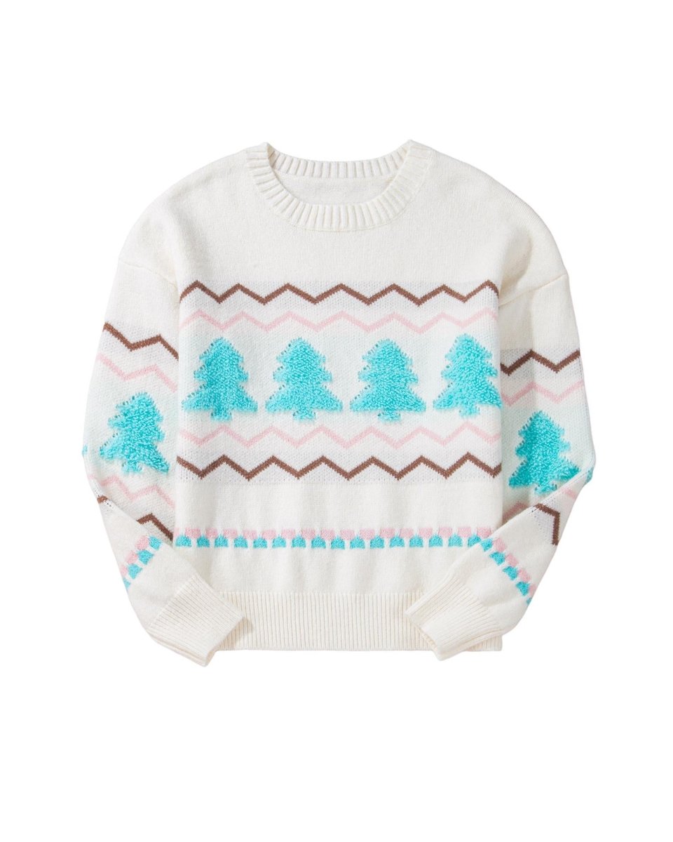 White Striped Christmas Tree Ribbed Trim Drop Shoulder Sweater - XL