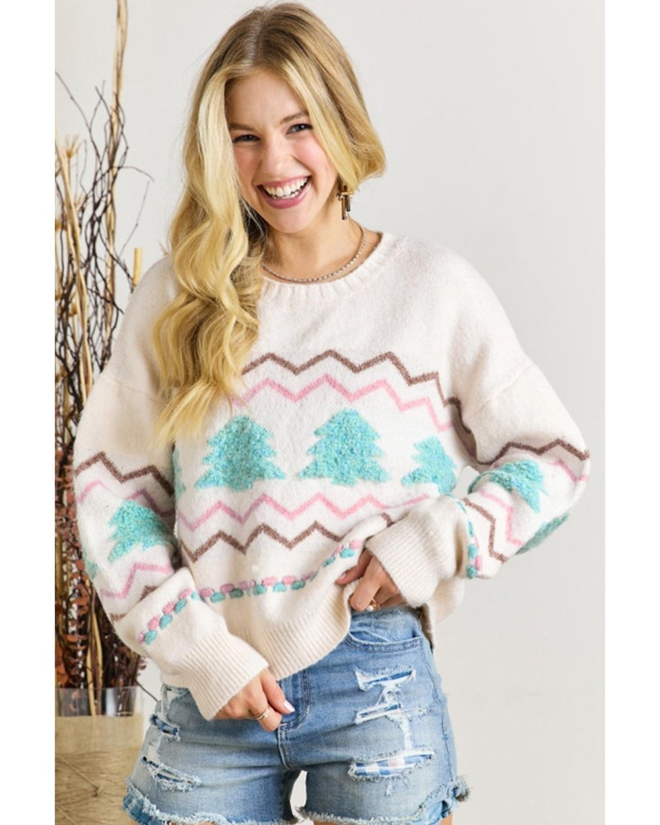 White Striped Christmas Tree Ribbed Trim Drop Shoulder Sweater - XL