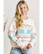 White Striped Christmas Tree Ribbed Trim Drop Shoulder Sweater - XL