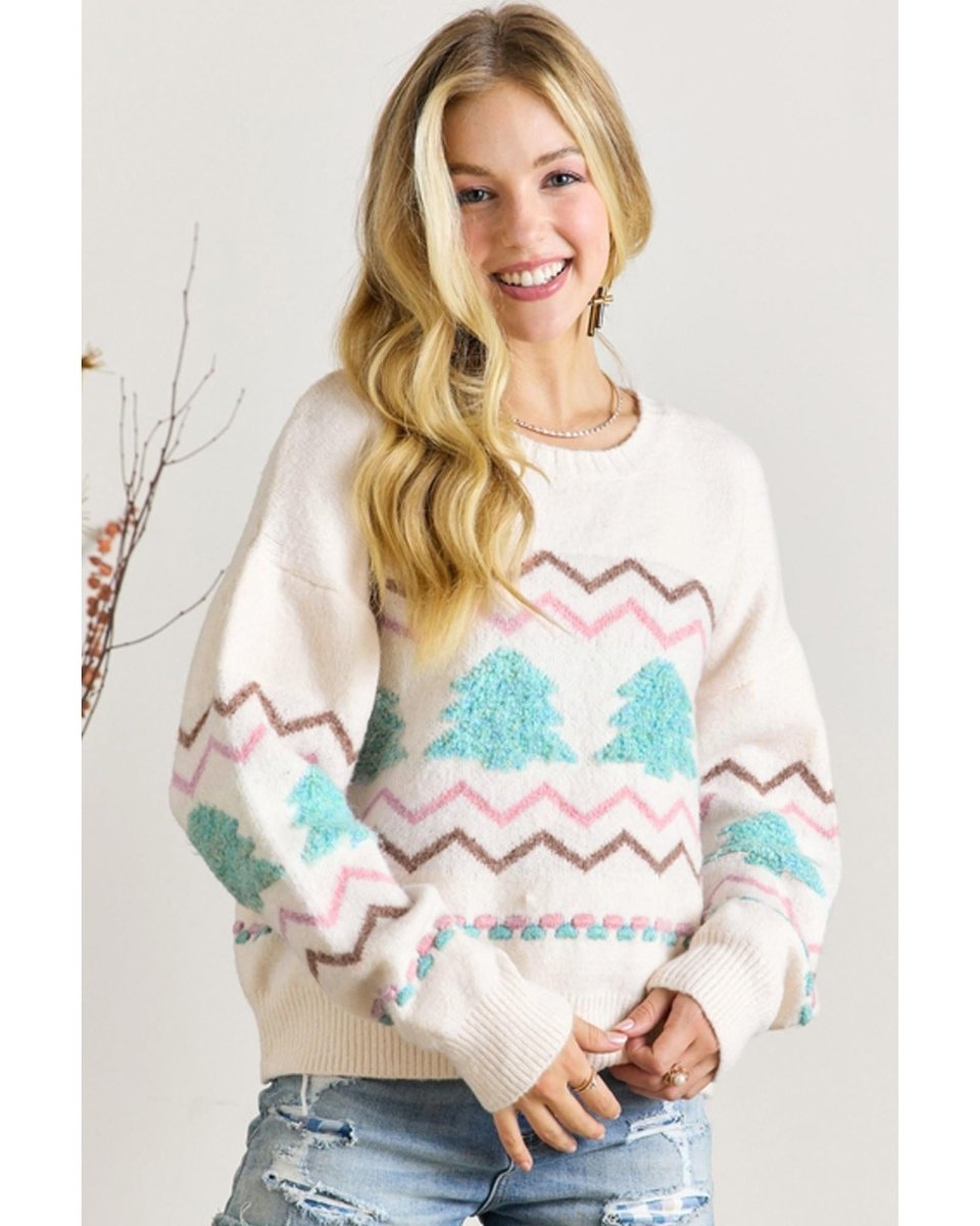 White Striped Christmas Tree Ribbed Trim Drop Shoulder Sweater - XL