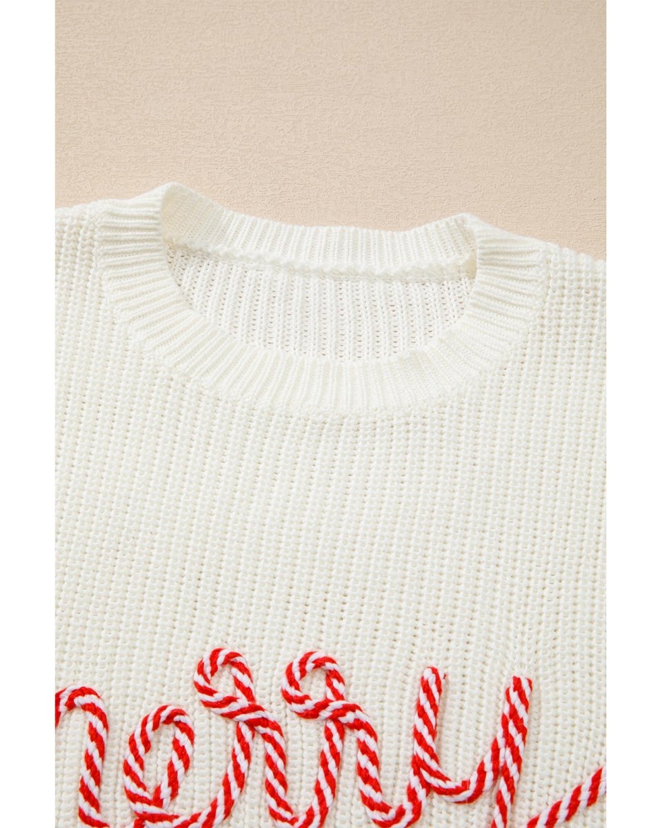 White Striped Merry Bright Letter Christmas Sweater - 2XL