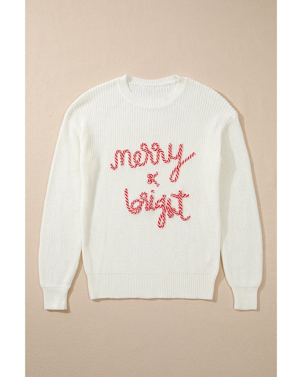 White Striped Merry Bright Letter Christmas Sweater - L