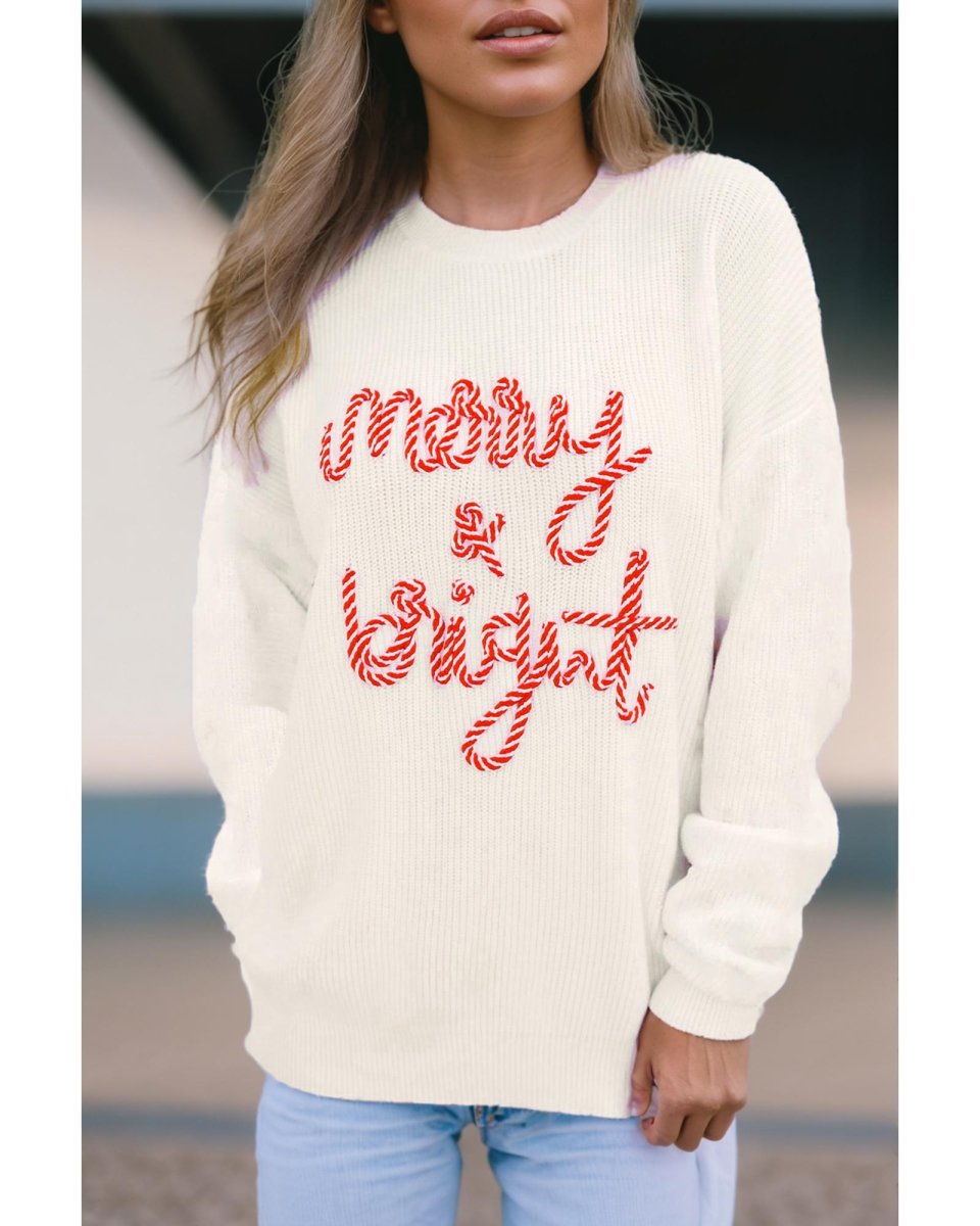 White Striped Merry Bright Letter Christmas Sweater - XL