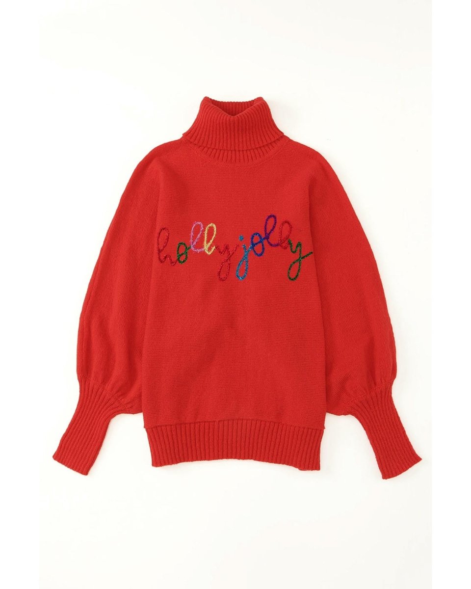 Fiery Red Christmas Holly Jolly Tinsel Graphic High Neck Sweater - L