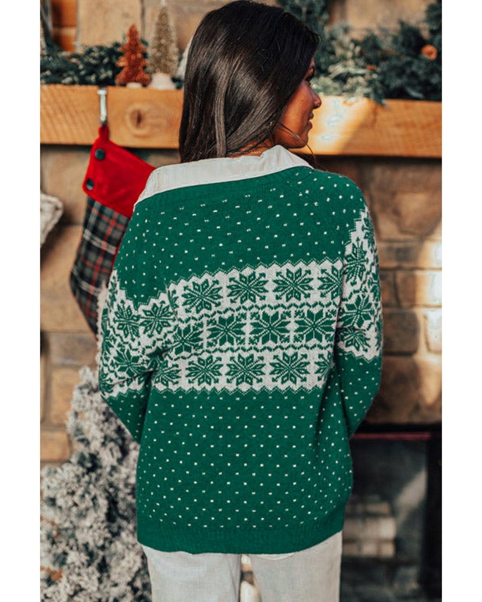 Green Christmas Snowflake Dotted Print Round Neck Sweater - L