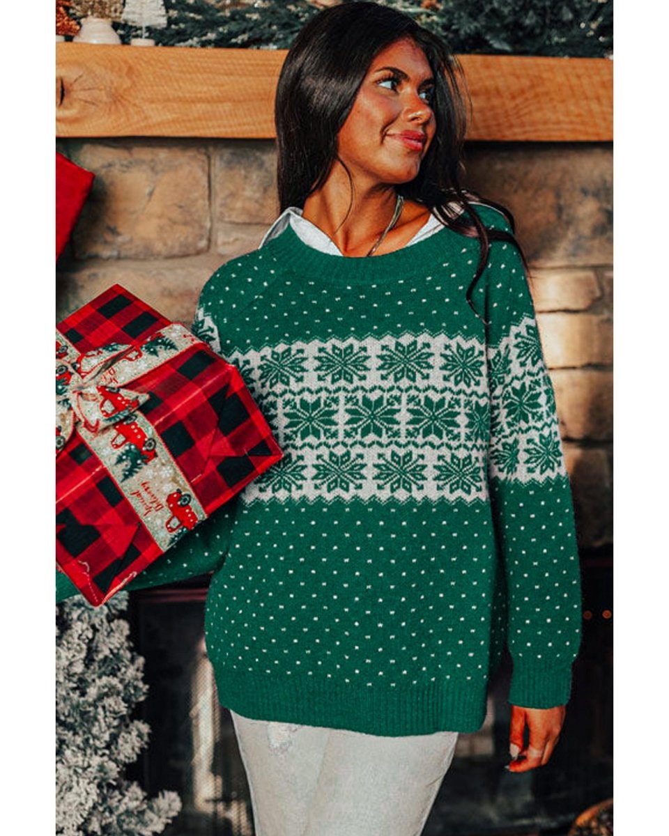 Green Christmas Snowflake Dotted Print Round Neck Sweater - L