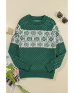 Green Christmas Snowflake Dotted Print Round Neck Sweater - L