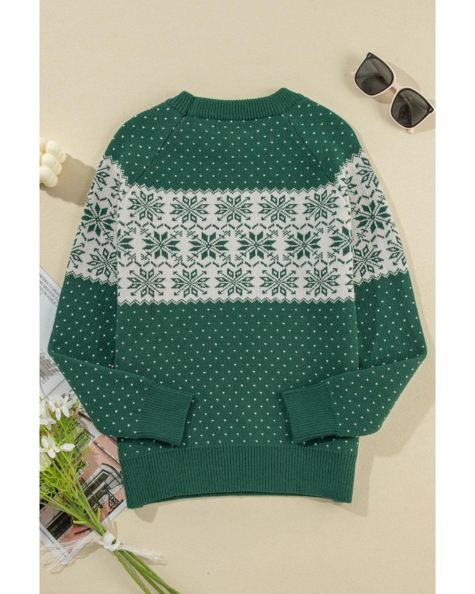 Green Christmas Snowflake Dotted Print Round Neck Sweater - M