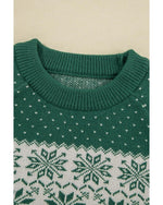 Green Christmas Snowflake Dotted Print Round Neck Sweater - S