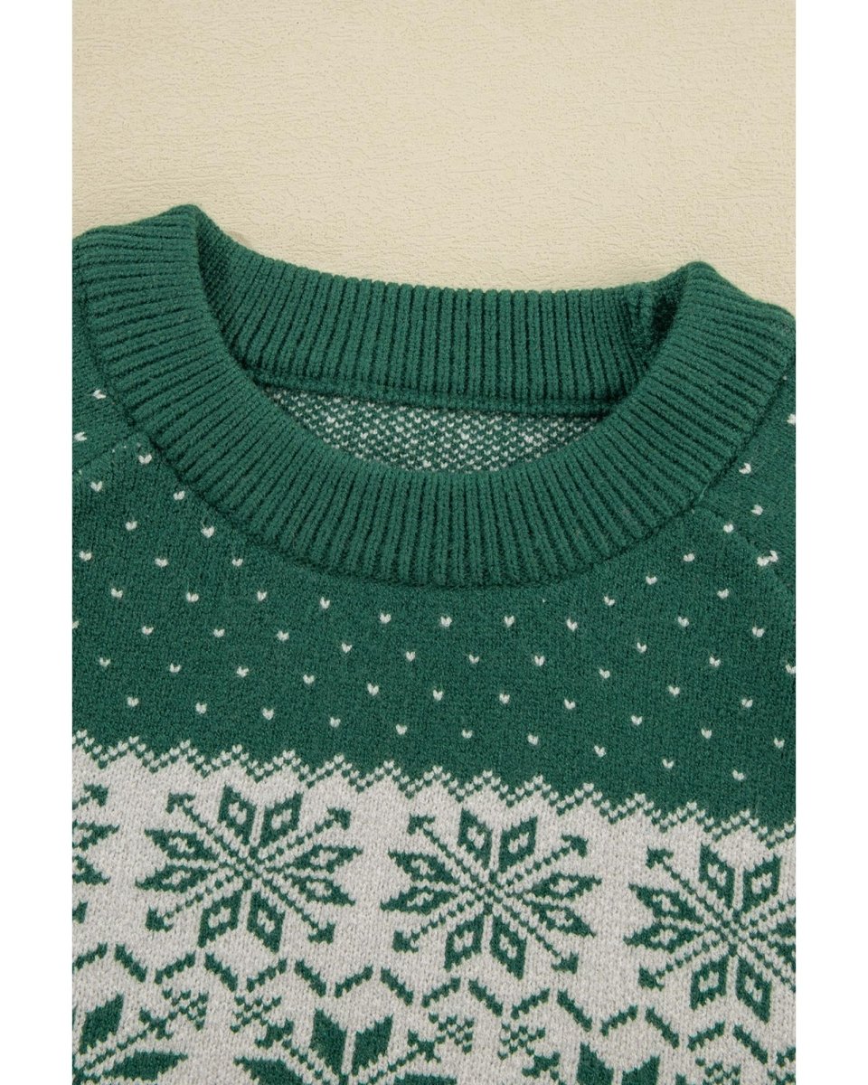 Green Christmas Snowflake Dotted Print Round Neck Sweater - S