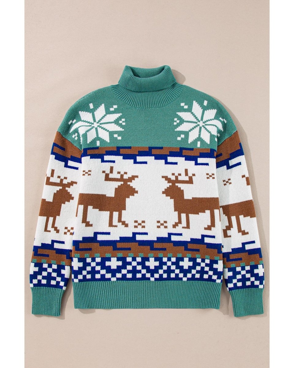 Canton Christmas Reindeer Snowflake Colorblock Turtleneck Sweater - M
