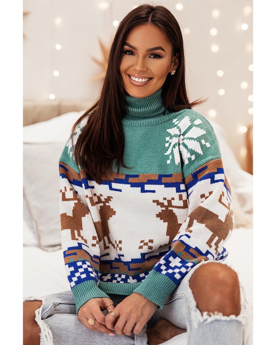 Canton Christmas Reindeer Snowflake Colorblock Turtleneck Sweater - S