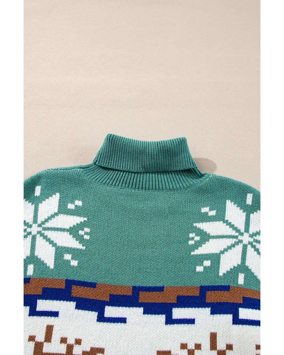 Canton Christmas Reindeer Snowflake Colorblock Turtleneck Sweater - XL