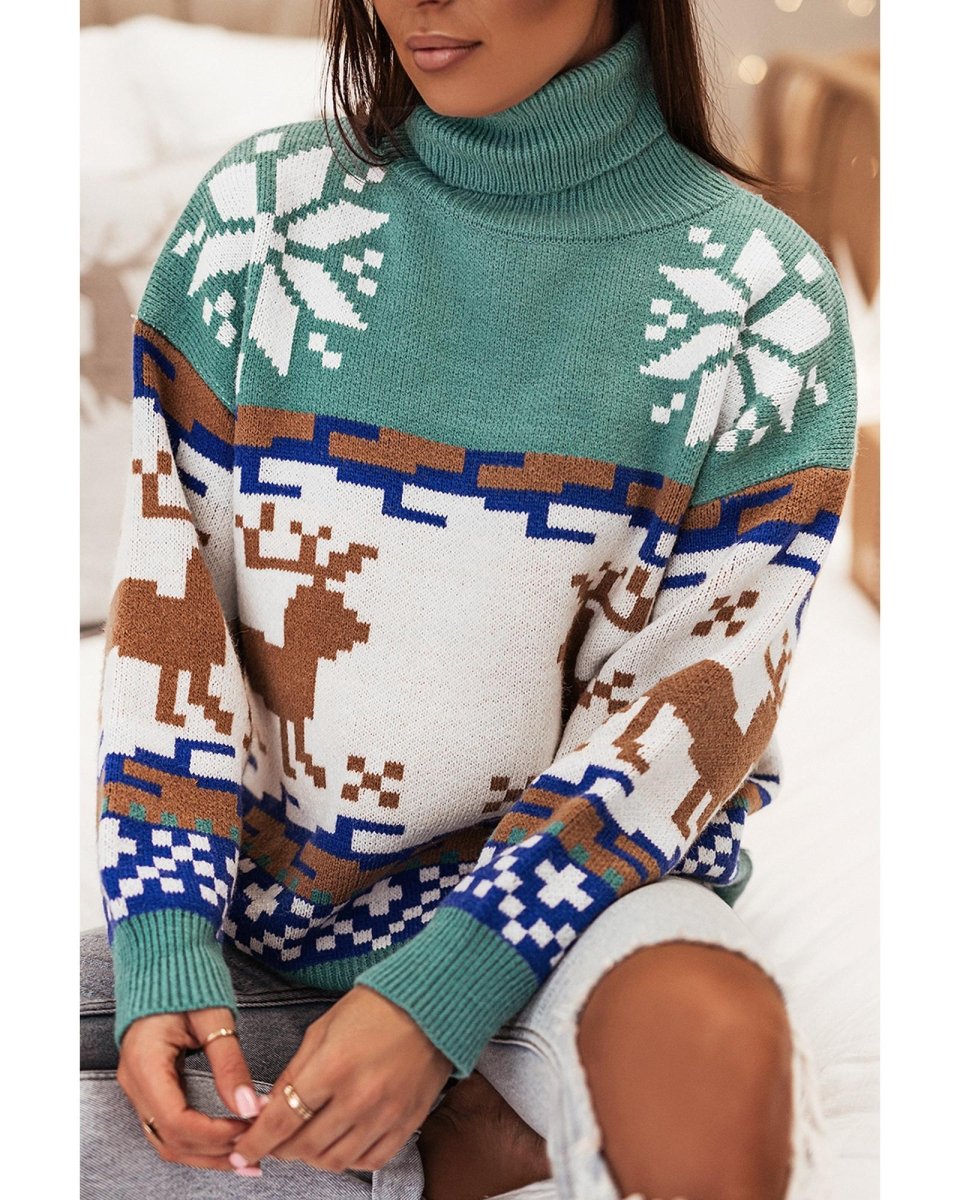 Canton Christmas Reindeer Snowflake Colorblock Turtleneck Sweater - XL
