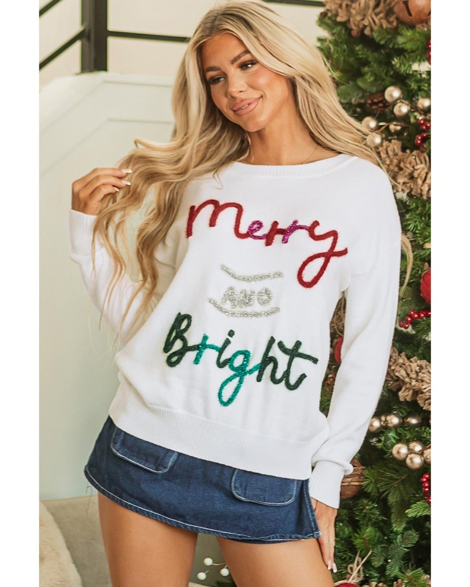 White Tinsel Merry and Bright Graphic Christmas Sweater - M
