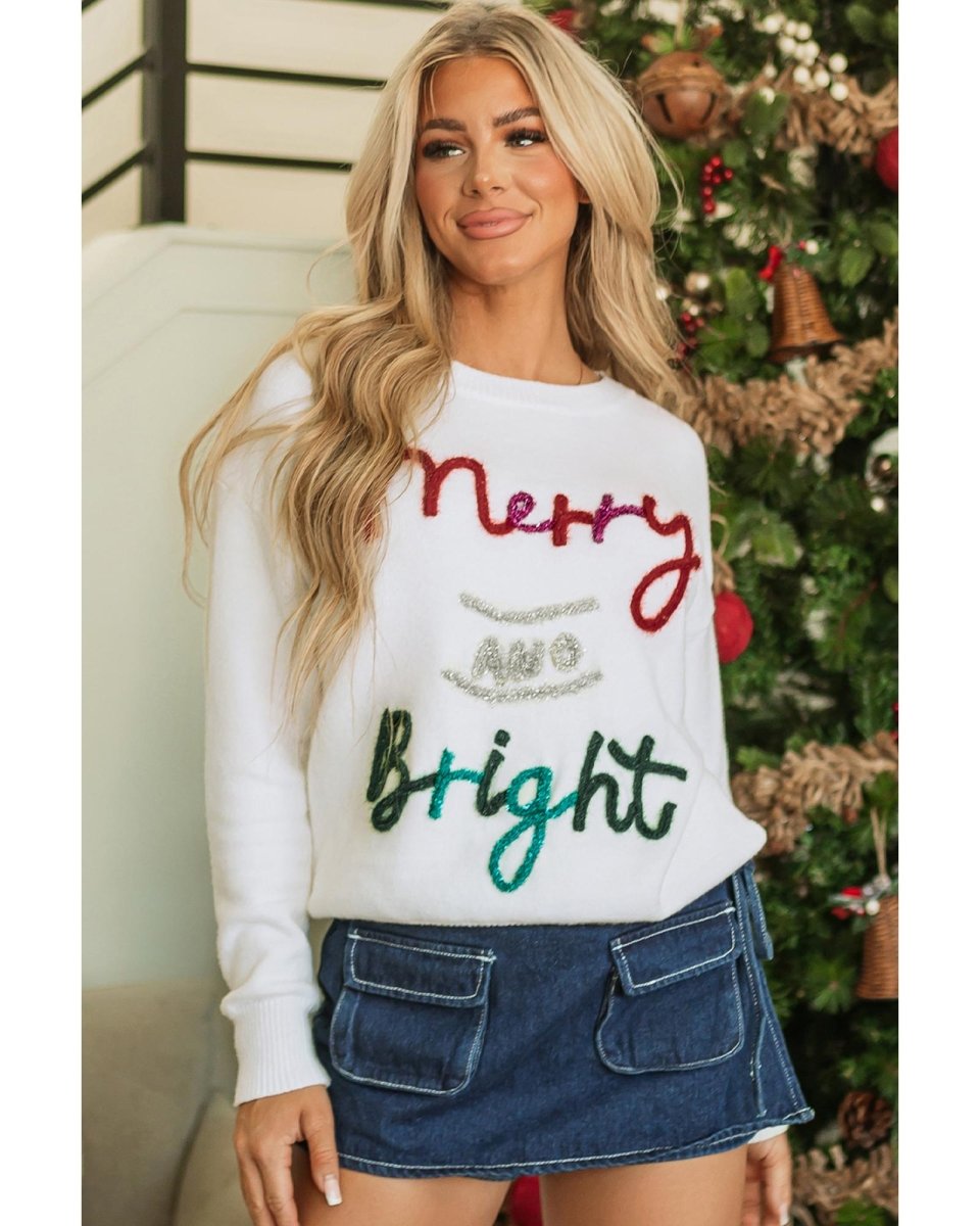 White Tinsel Merry and Bright Graphic Christmas Sweater - M