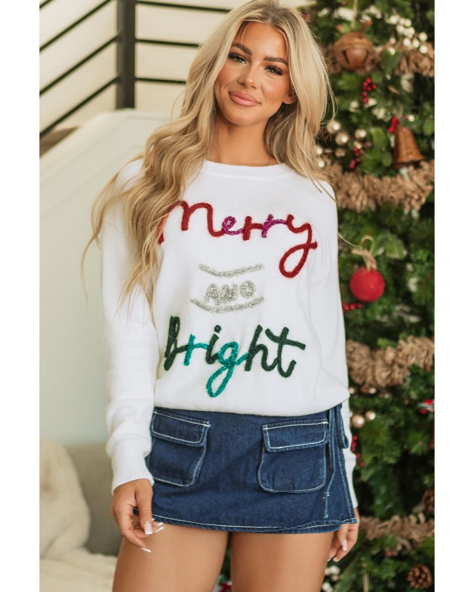 White Tinsel Merry and Bright Graphic Christmas Sweater - S