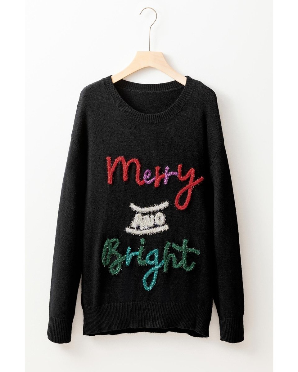 Black Tinsel Merry and Bright Graphic Christmas Sweater - XL