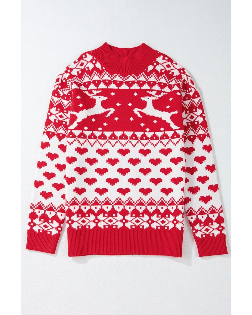 Fiery Red Merry Christmas Reindeer Heart Pattern High Neck Sweater - 2XL
