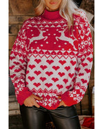 Fiery Red Merry Christmas Reindeer Heart Pattern High Neck Sweater - M