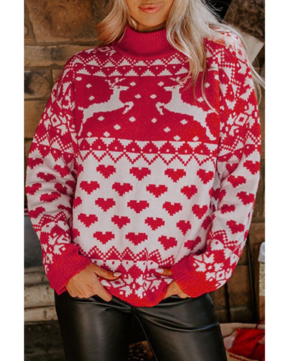 Fiery Red Merry Christmas Reindeer Heart Pattern High Neck Sweater - M