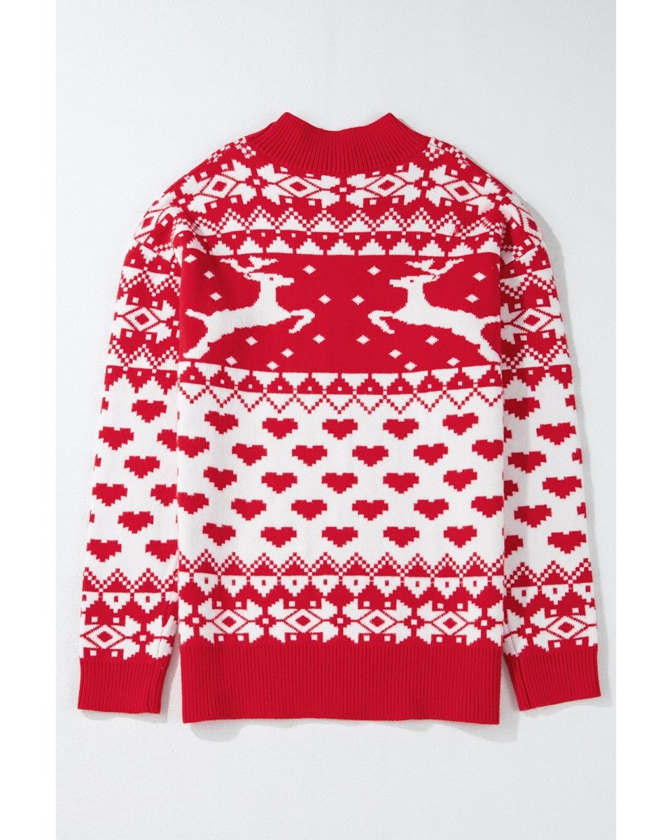 Fiery Red Merry Christmas Reindeer Heart Pattern High Neck Sweater - M
