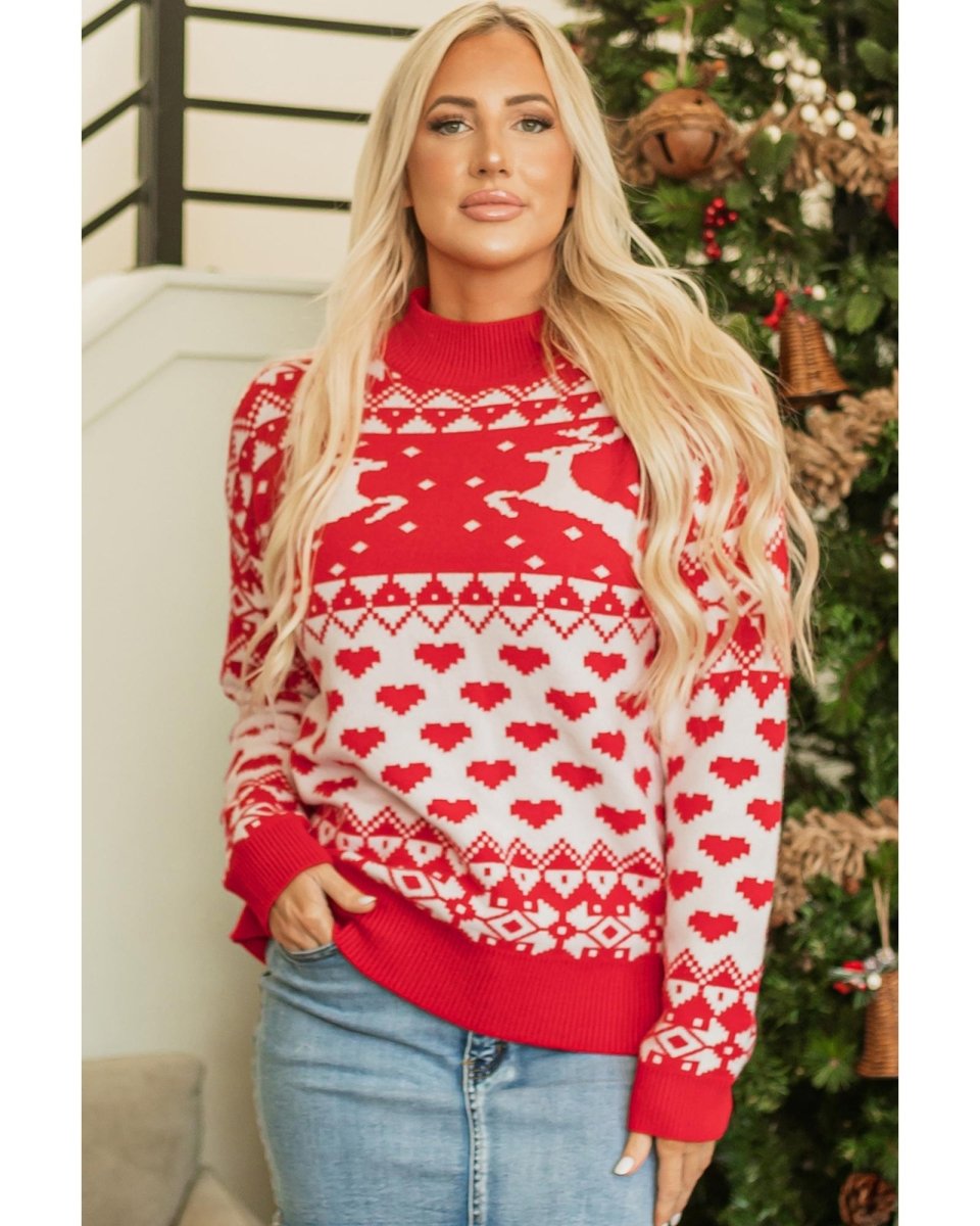 Fiery Red Merry Christmas Reindeer Heart Pattern High Neck Sweater - XL