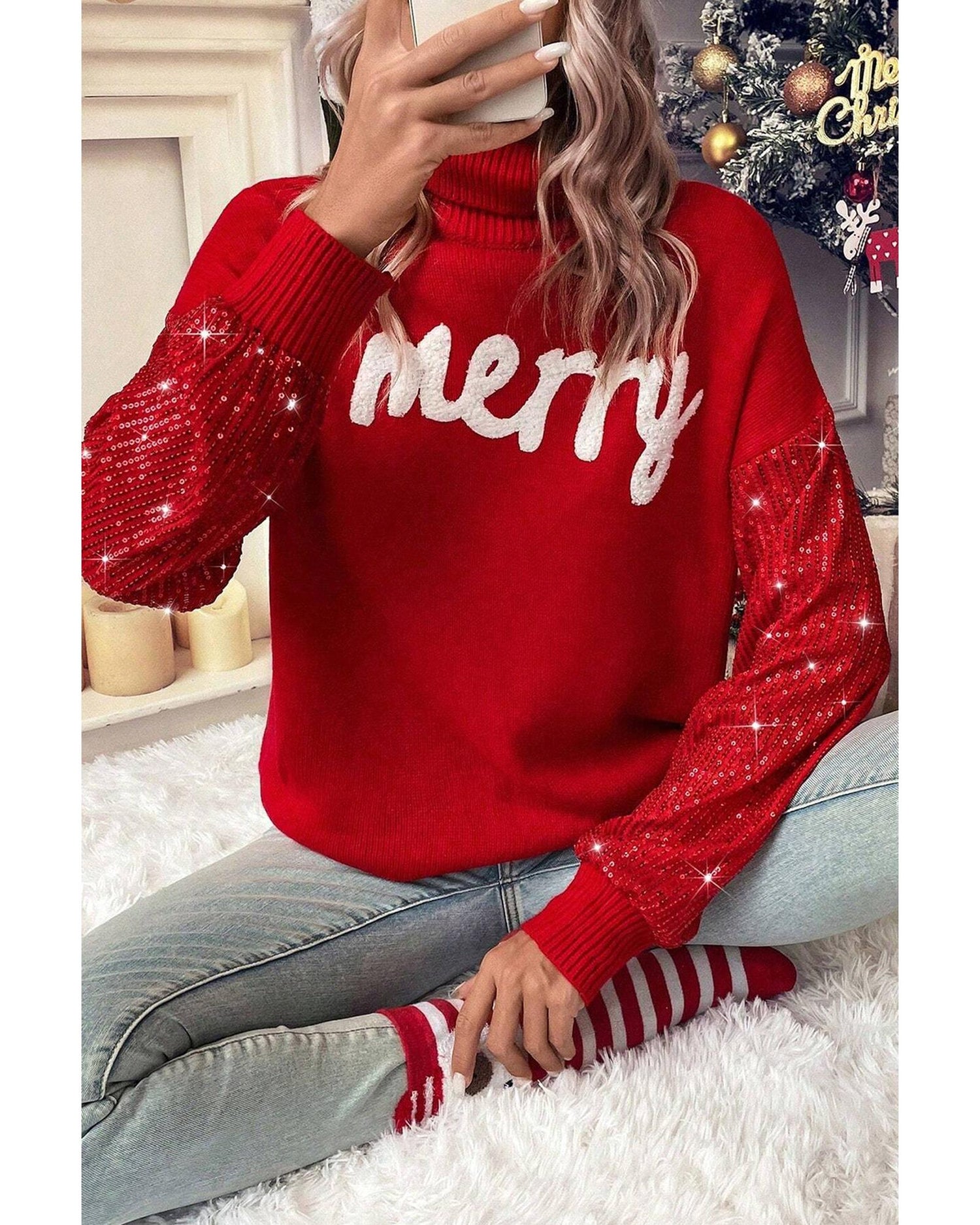 Racing Red Merry Graphic Sequin Sleeves Christmas Turtleneck Sweater - 2XL