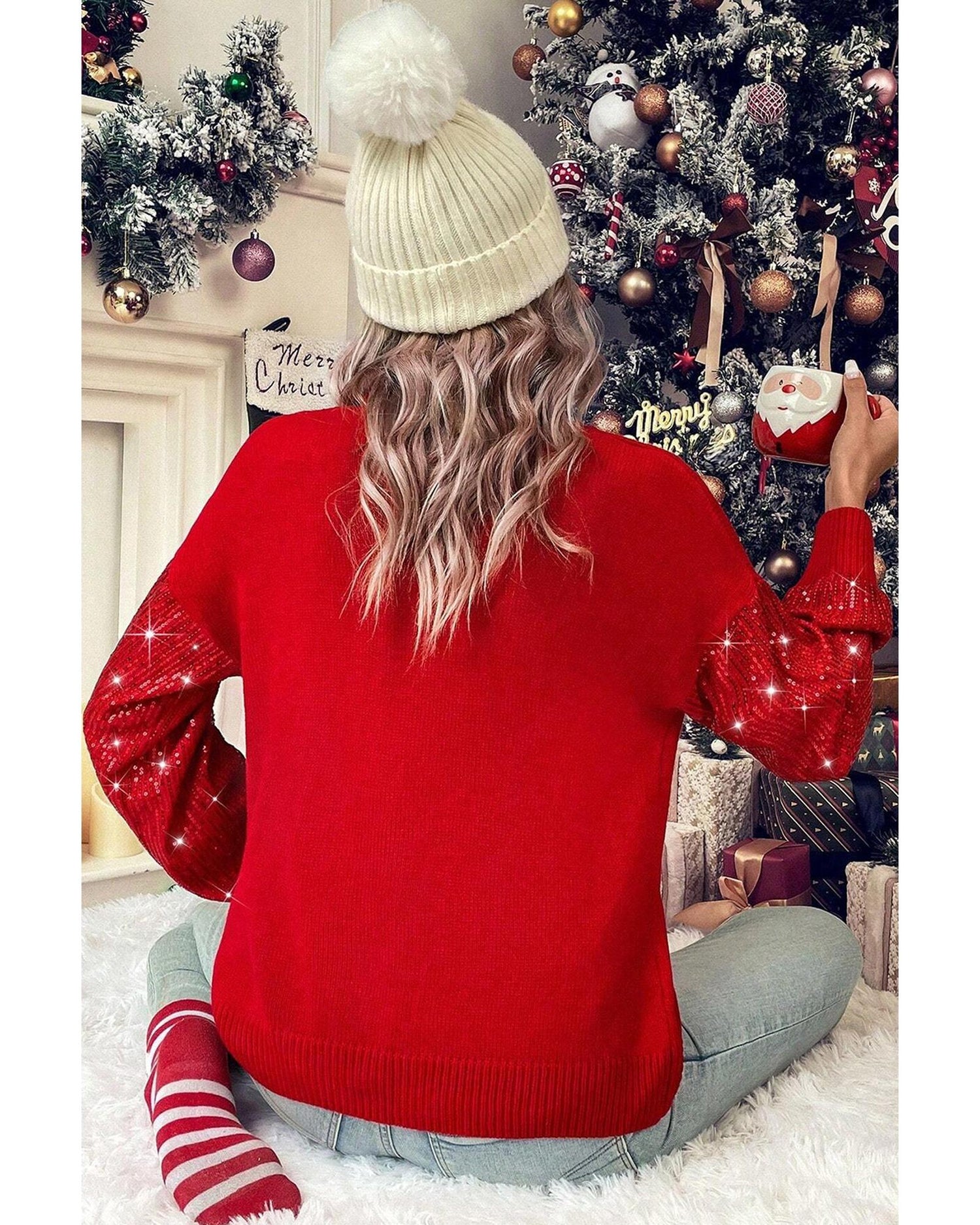 Racing Red Merry Graphic Sequin Sleeves Christmas Turtleneck Sweater - S