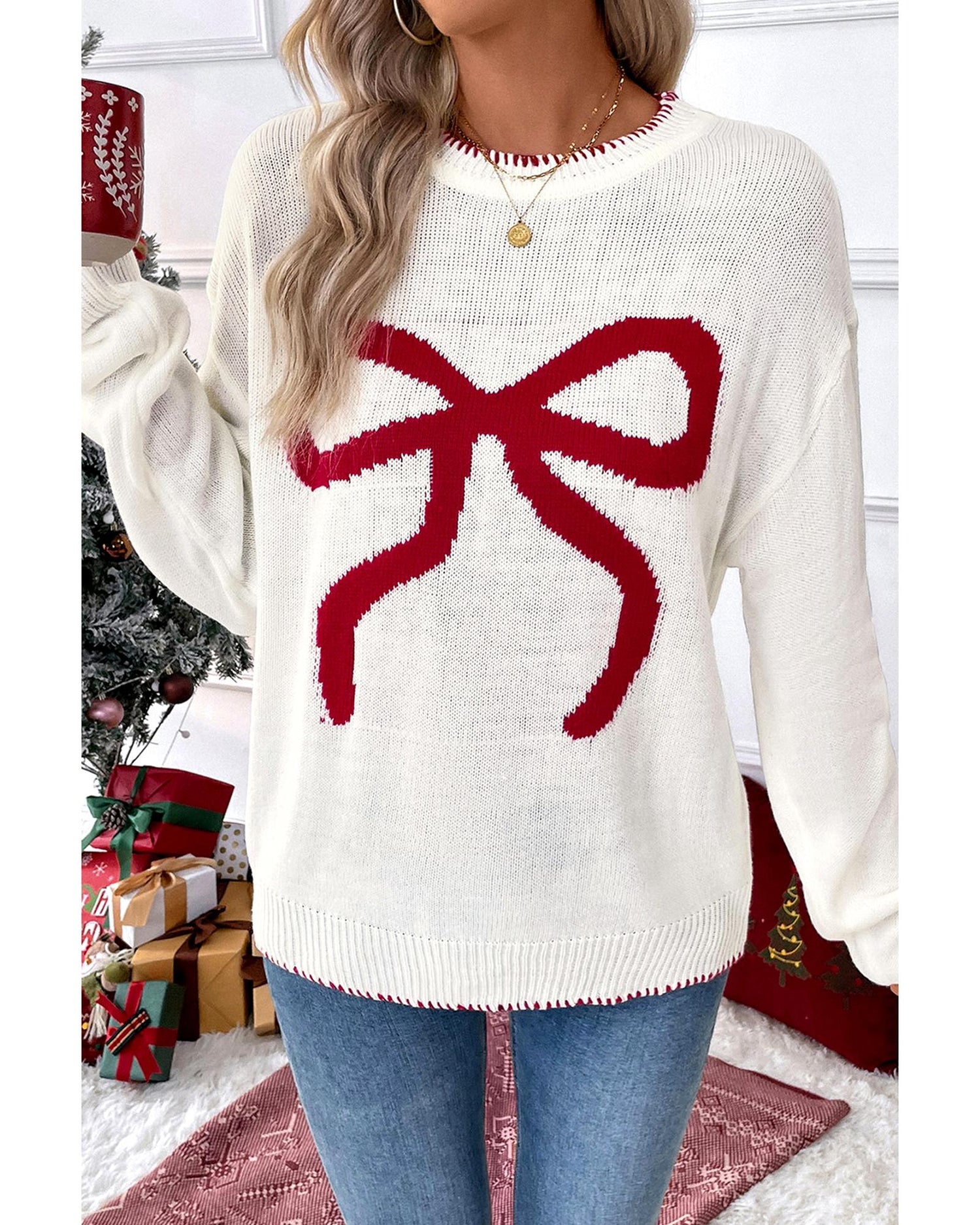 White Bow Pattern Contrast Trim Christmas Loose Graphic Sweater - L