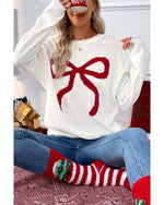 White Bow Pattern Contrast Trim Christmas Loose Graphic Sweater - M