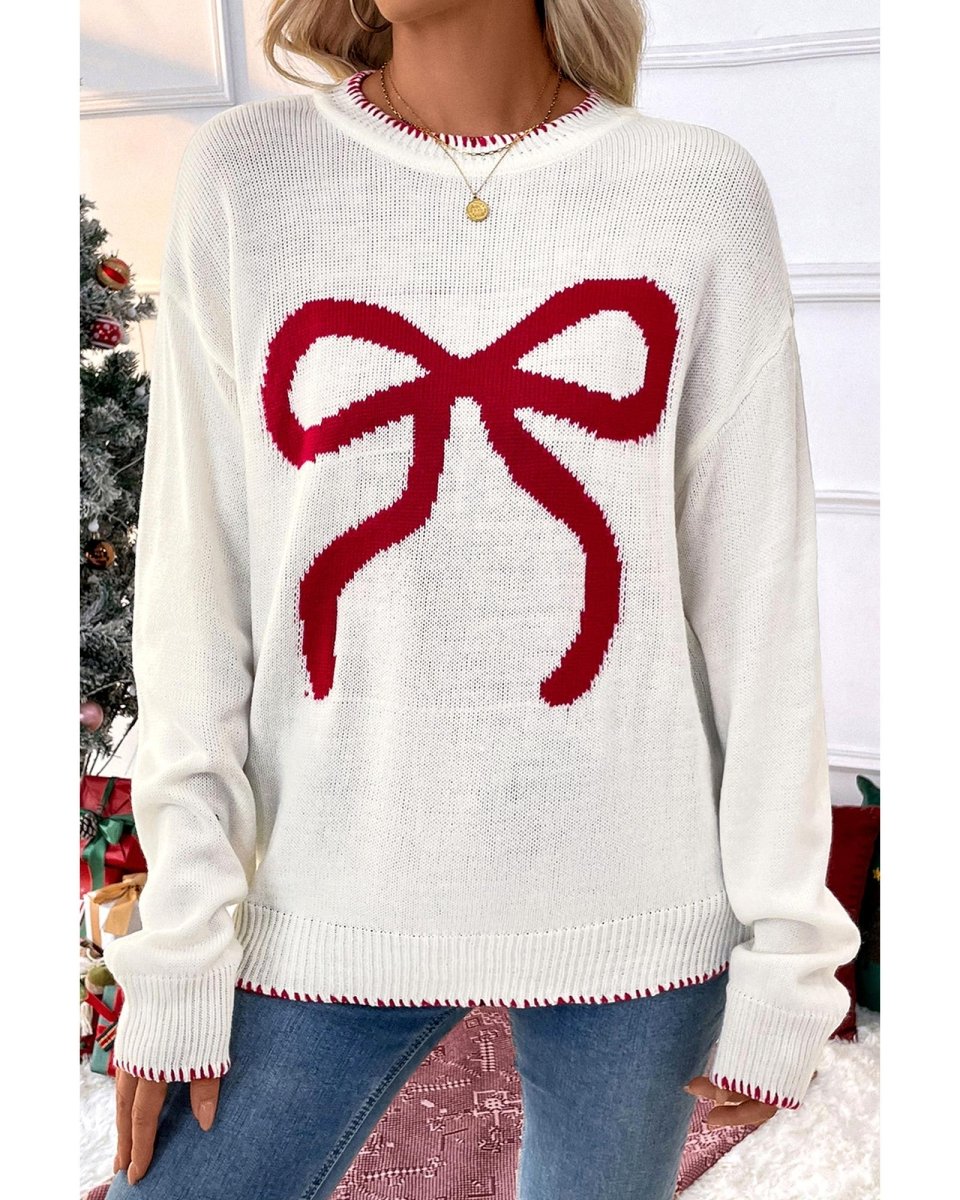 White Bow Pattern Contrast Trim Christmas Loose Graphic Sweater - M