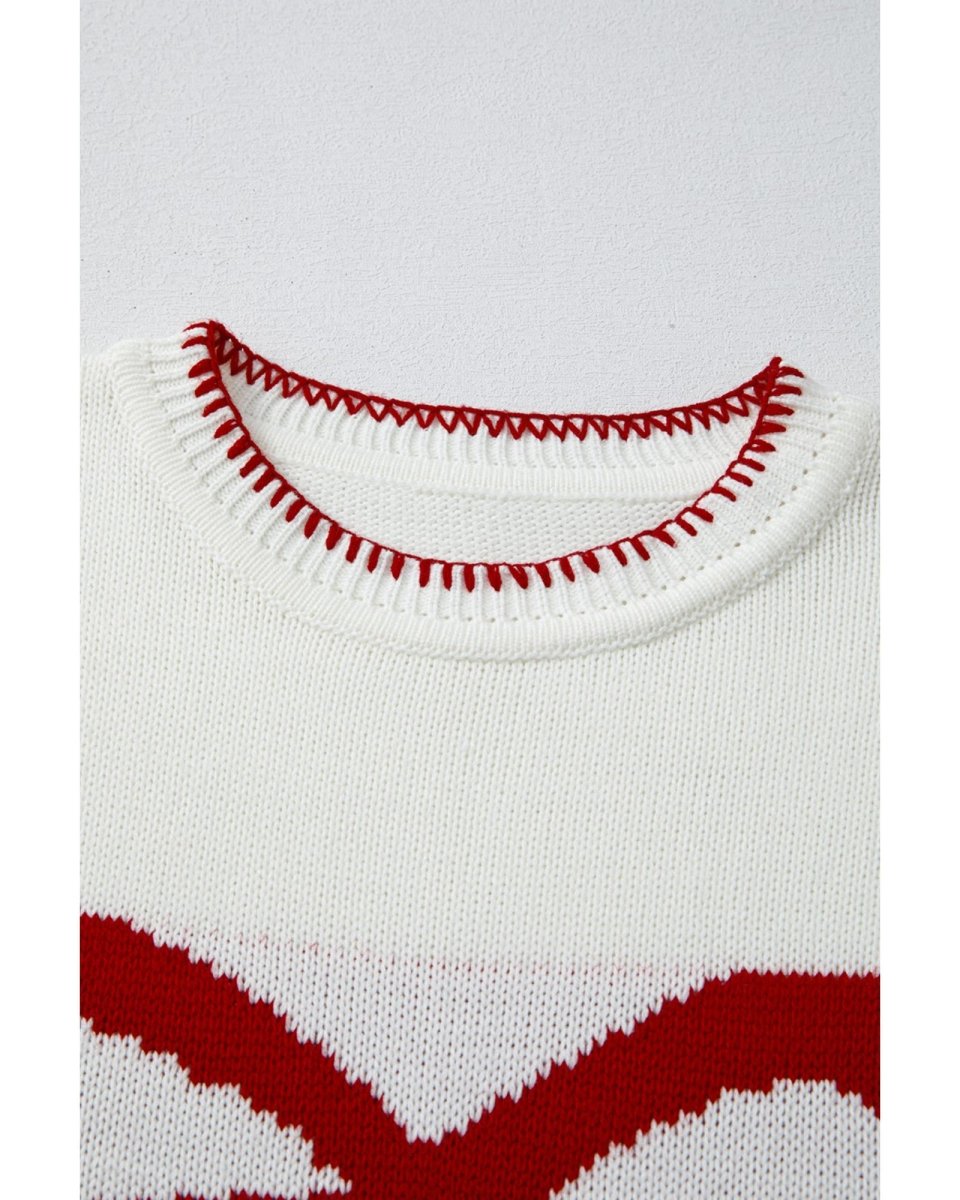 White Bow Pattern Contrast Trim Christmas Loose Graphic Sweater - M