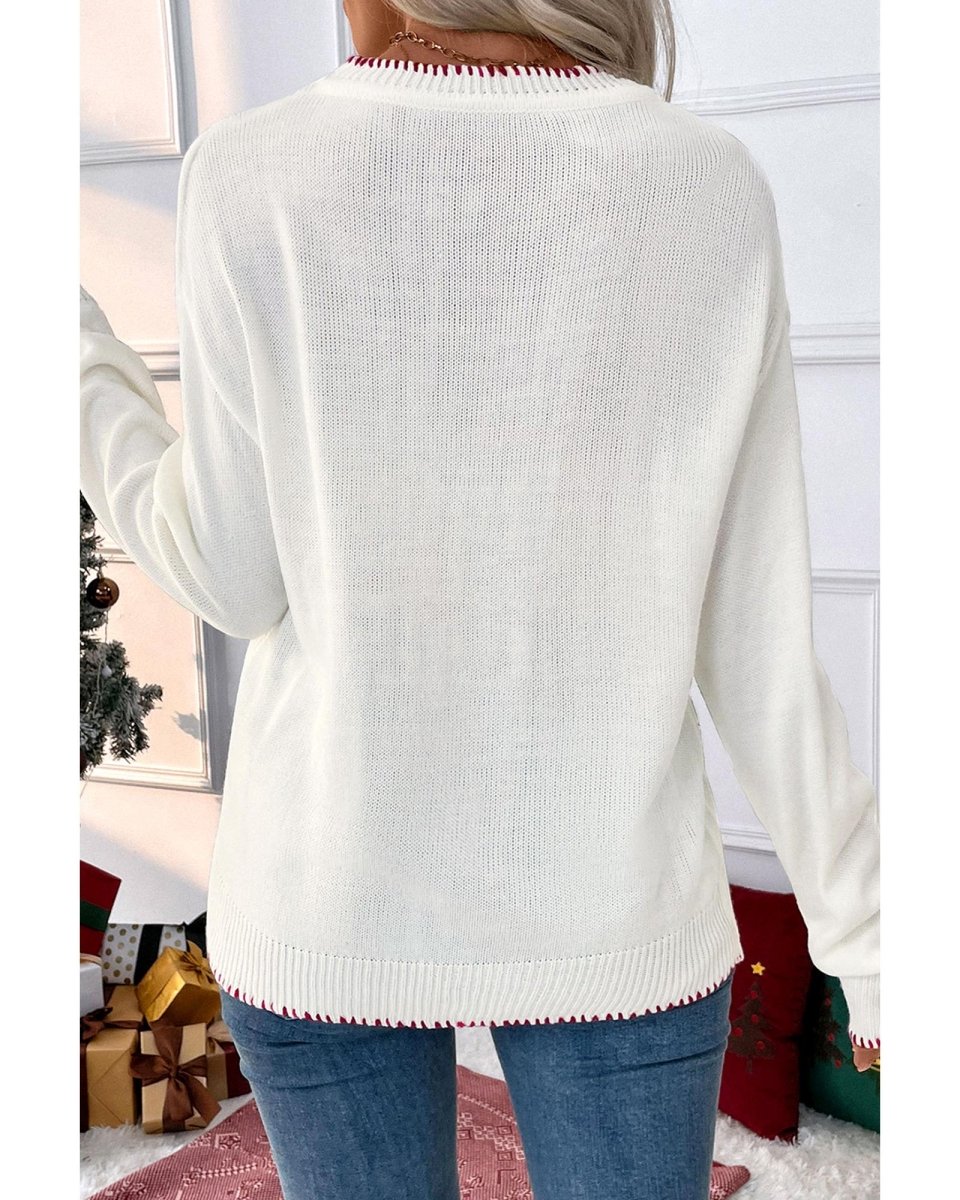White Bow Pattern Contrast Trim Christmas Loose Graphic Sweater - XL