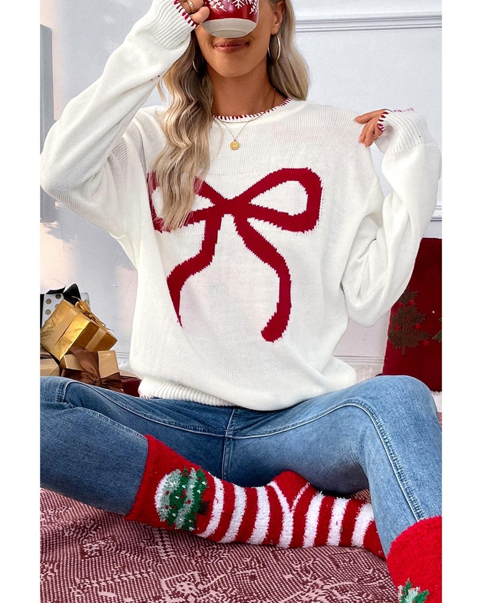 White Bow Pattern Contrast Trim Christmas Loose Graphic Sweater - XL