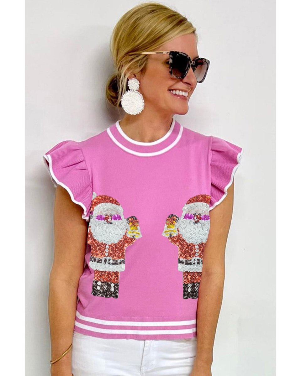 Bonbon Sequin Father Christmas Ruffled Sleeve Sweater T Shirt - L