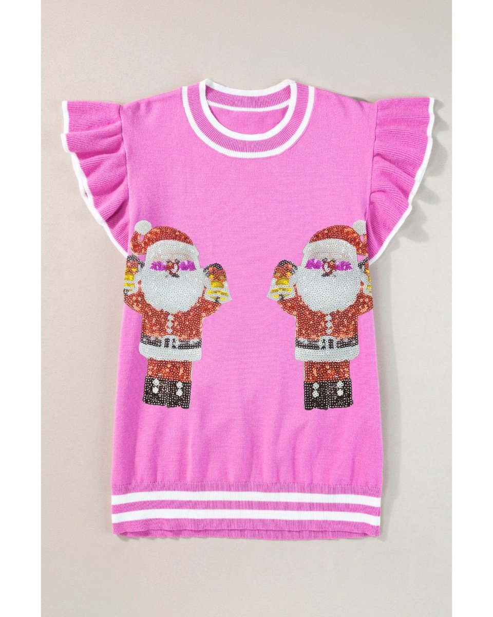 Bonbon Sequin Father Christmas Ruffled Sleeve Sweater T Shirt - L