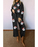 Black Christmas Sequined Santa Clause Print Textured Pants Set - L