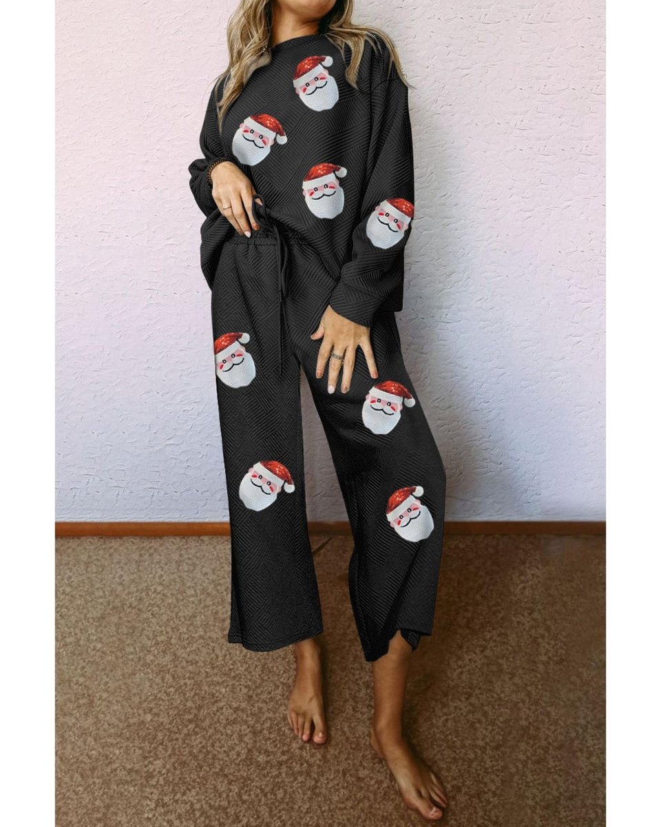 Black Christmas Sequined Santa Clause Print Textured Pants Set - L