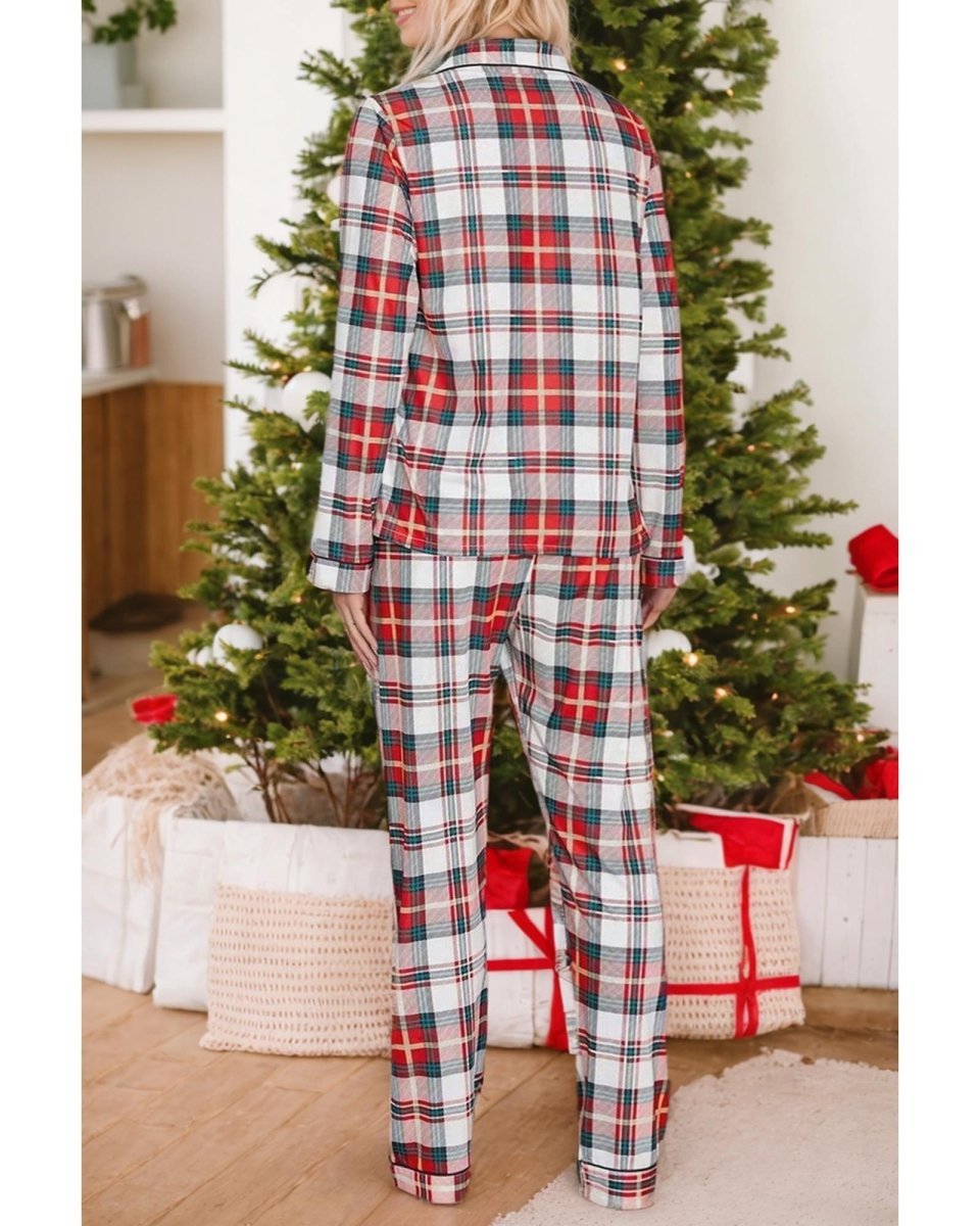 Red Christmas Plaid Print Two Piece Long Sleeve Pajamas Set - 2XL