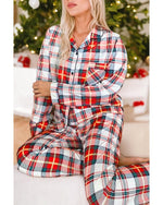 Red Christmas Plaid Print Two Piece Long Sleeve Pajamas Set - L