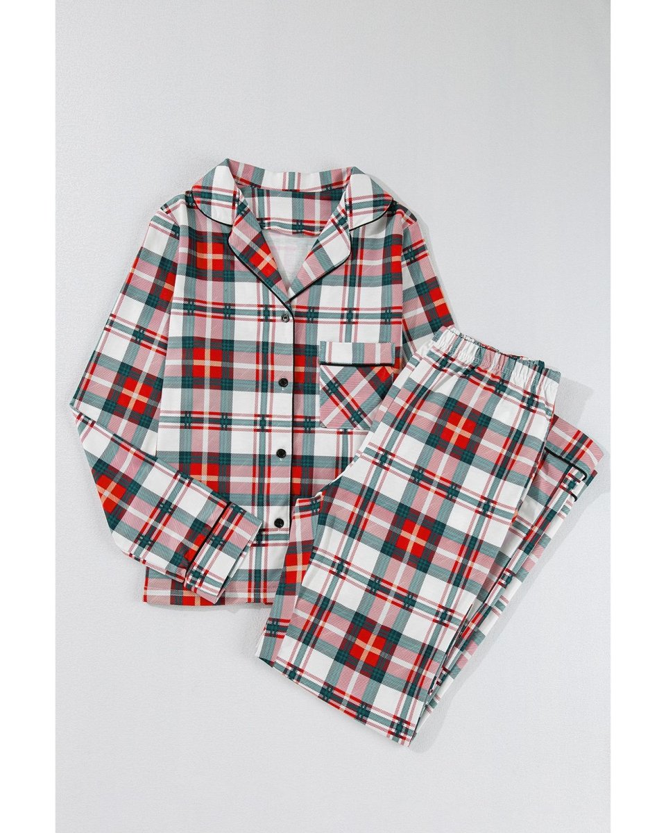 Red Christmas Plaid Print Two Piece Long Sleeve Pajamas Set - M