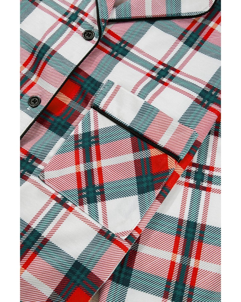 Red Christmas Plaid Print Two Piece Long Sleeve Pajamas Set - M