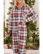 Red Christmas Plaid Print Two Piece Long Sleeve Pajamas Set - S