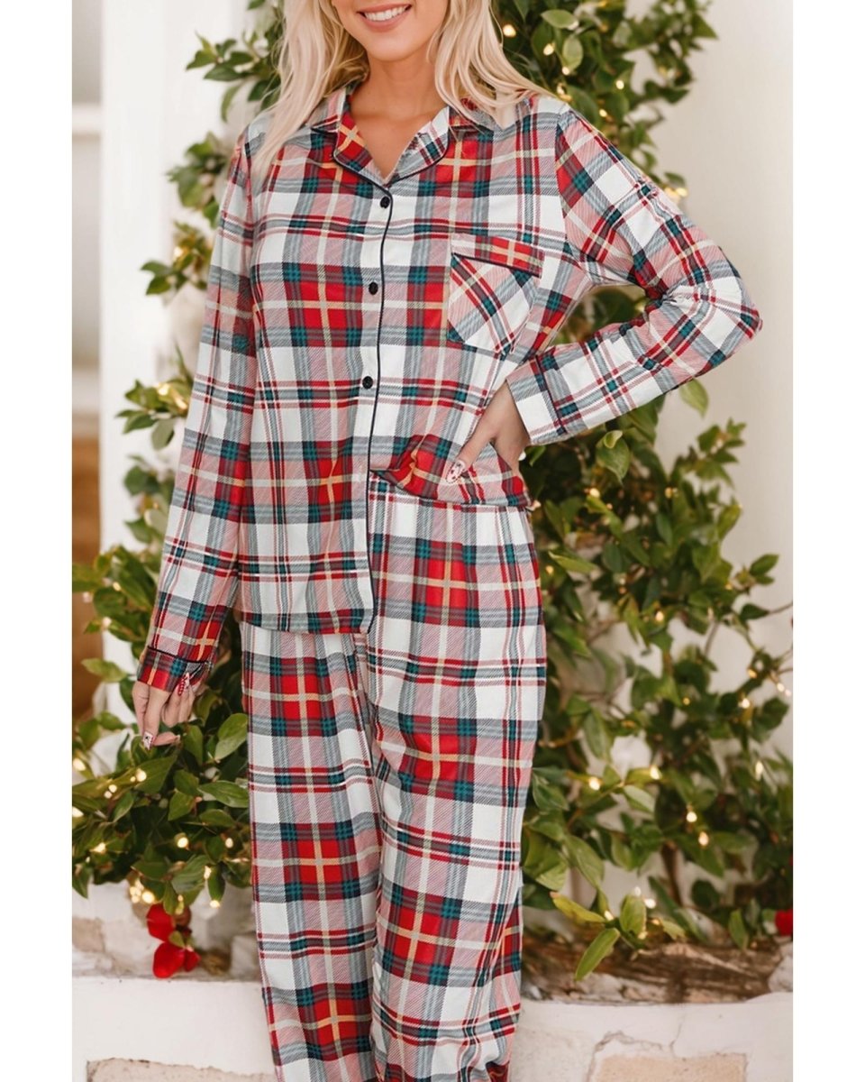 Red Christmas Plaid Print Two Piece Long Sleeve Pajamas Set - S