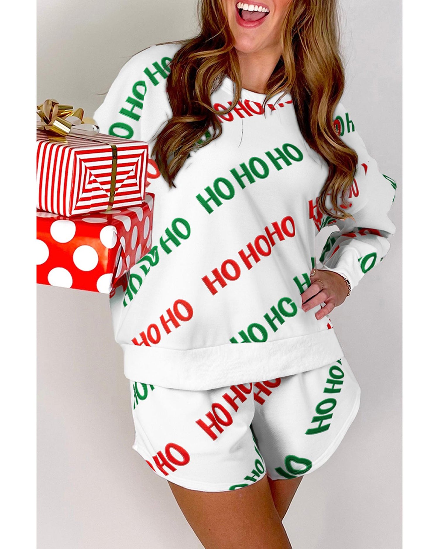 White Christmas HOHOHO Print Drop Shoulder Pullover and Casual Shorts Set - S