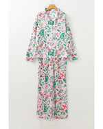 Pink Christmas Berries Plant Print Satin Long Sleeve Pajama Set - L