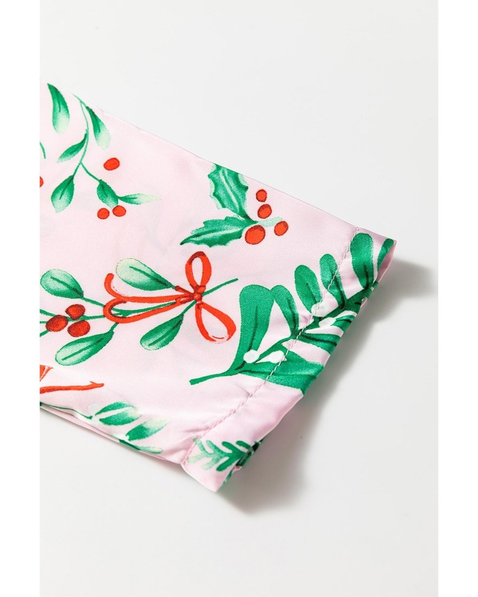 Pink Christmas Berries Plant Print Satin Long Sleeve Pajama Set - L