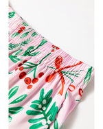 Pink Christmas Berries Plant Print Satin Long Sleeve Pajama Set - L